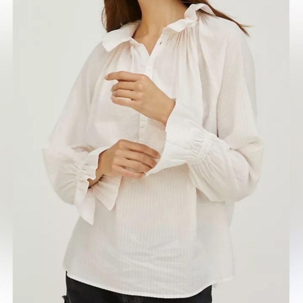 Citizens of Humanity Ruffle Neck Button Down Shirt Blouse Anthropologie Small